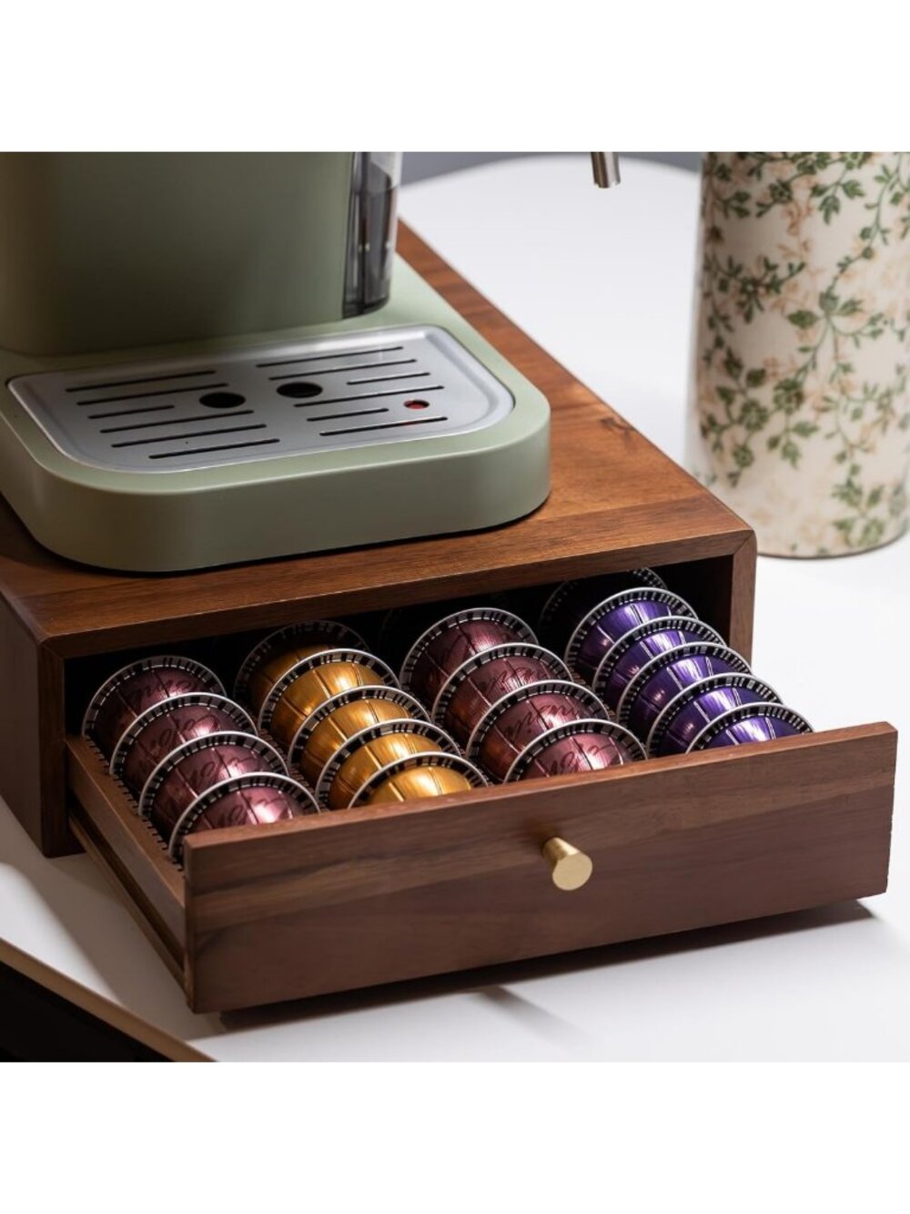 Acacia Wood Coffee Pod Organizer Tray - Holds 40 Big/60 Small Pods, Stylish